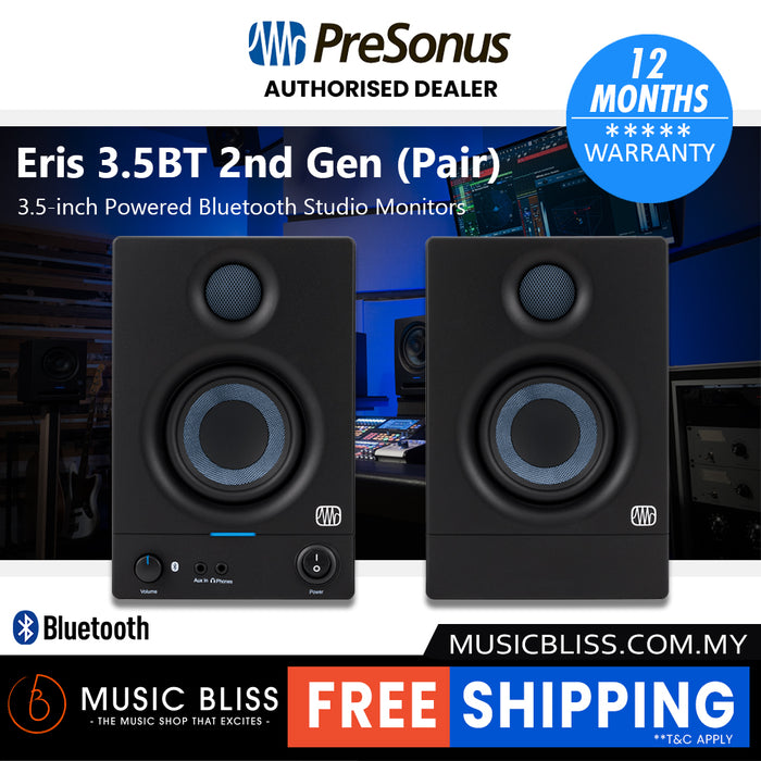PreSonus Eris 3.5BT (2nd Generation) 3.5-inch Powered Bluetooth Studio Monitors, Active Monitor Speakers for Desktop, Turntable, Record Player, Bookshelf, DJ Speakers - Pair