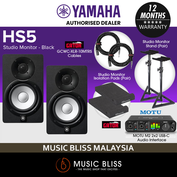 Home Studio Package with Yamaha HS5 Powered Monitor Speaker and MOTU M2 USB-C Audio Interface, Studio Monitor Stands, Gator Isolation Pads and Gator Cables - Black (Pair)