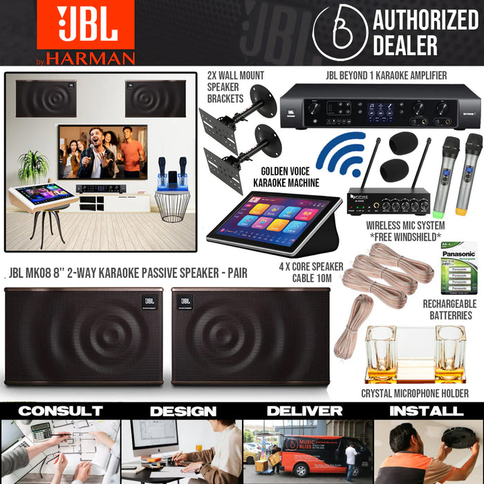 JBL Karaoke System Set Package for Home with MK08 8'' Passive Speaker, Beyond 1 Amplifier, Karaoke Machine and Wireless Handheld Microphone