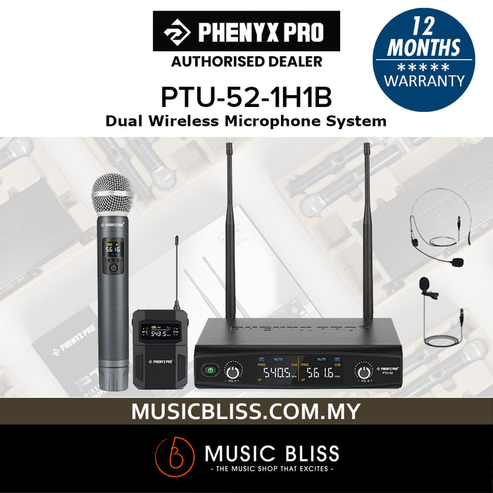 Phenyx Pro Best Budget Wireless PTU-52B Dual Wireless Microphone System - 30 Adjustable Frequency