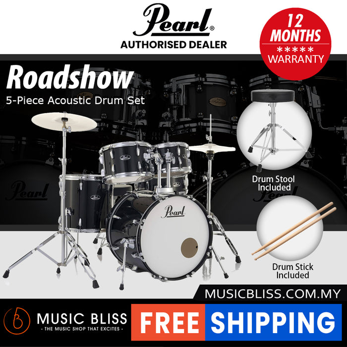 Pearl Roadshow 5-piece Drum Set with Drumstick and Throne - 22 Inch Bass Drum - Jet Black