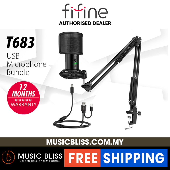 FIFINE T683 USB MICROPHONE BUNDLE WITH A MUTE BUTTON, A VOLUME DIAL & A MONITORING JACK FOR PC/MAC/MOBILE, USB Type A & Type C Connector. - Music Bliss Malaysia