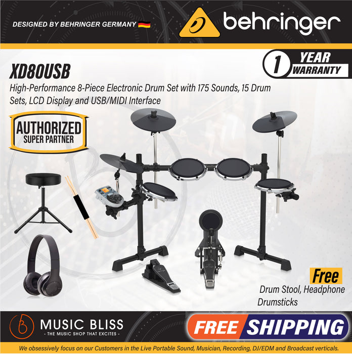 Behringer XD-80USB 5-piece Electronic Drum Set with Headphone, Drum Stool, Drumsticks, Best Beginner Home Practice Digital Drum ROLAND, YAMAHA, ALESIS, SUDOKU - Music Bliss Malaysia