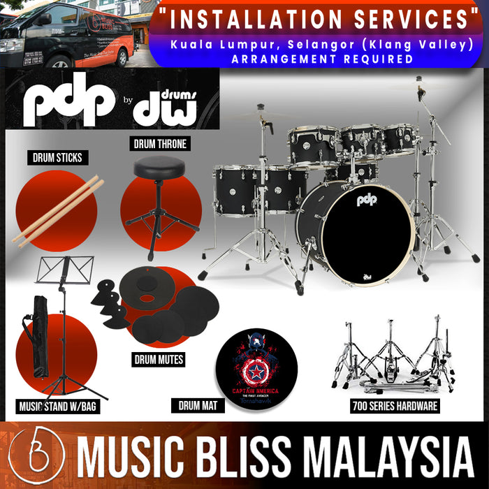 PDP by DW CM7 Concept Maple Shell Pack - 7-piece with 700/800 Series Hardware Pack - Satin Black - Music Bliss Malaysia