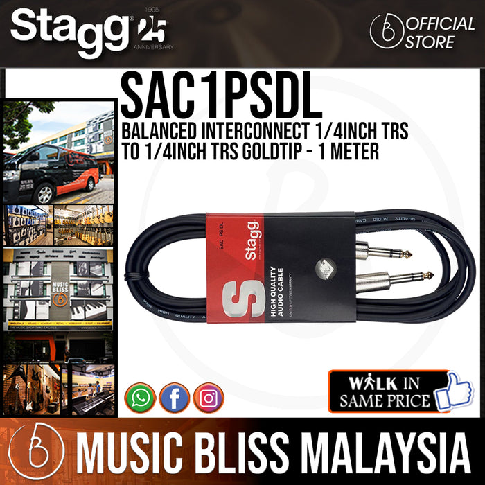 Stagg SAC1PSDL Balanced Interconnect 1/4inch TRS to 1/4inch TRS Goldtip - 1 Meter - Music Bliss Malaysia