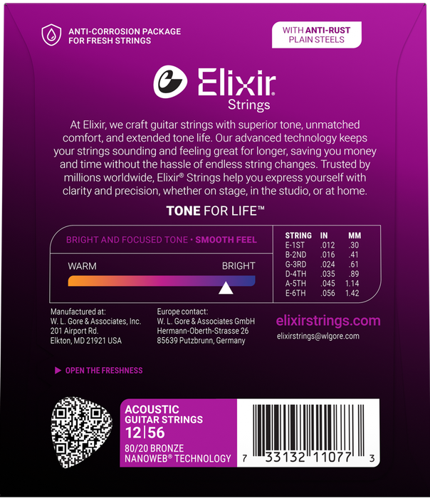 Elixir Strings 11077 Nanoweb 80/20 Acoustic Guitar Strings - .012-.056 Medium Light