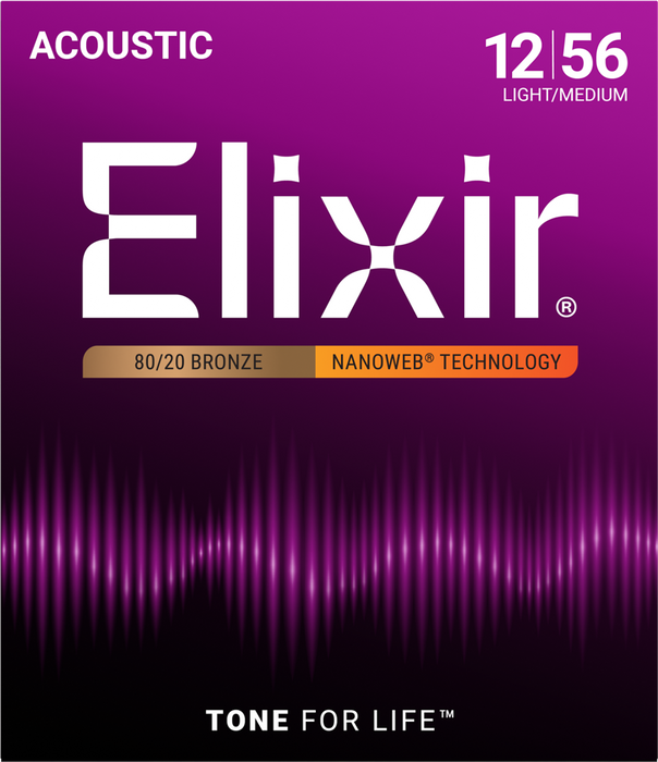 Elixir Strings 11077 Nanoweb 80/20 Acoustic Guitar Strings - .012-.056 Medium Light