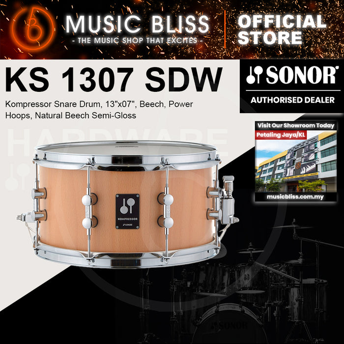 Sonor Kompressor Snare Drum, 13"x07", Beech, Power Hoops, Natural Beech Semi-Gloss