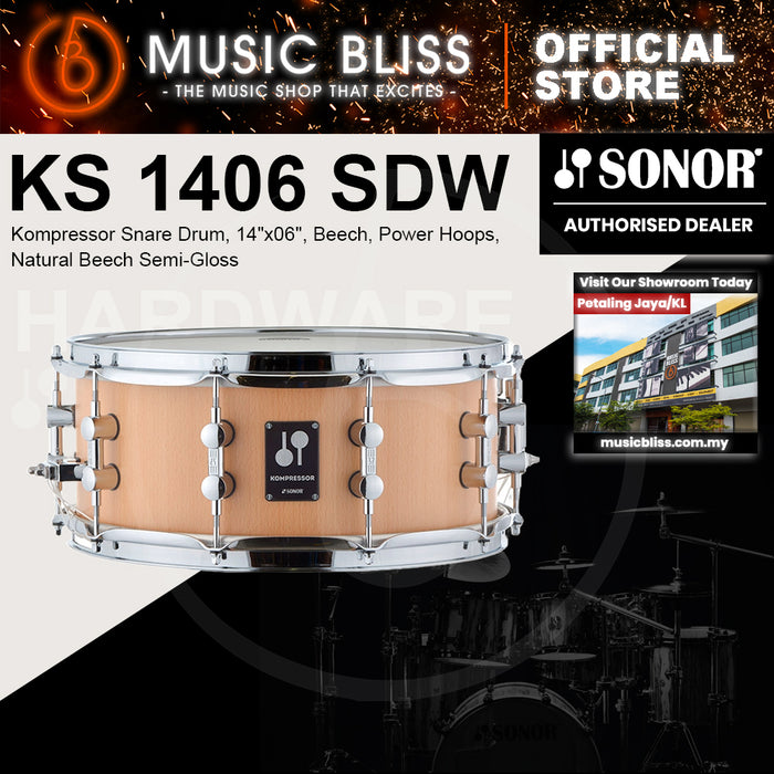 Sonor Kompressor Snare Drum, 14"x06", Beech, Power Hoops, Natural Beech Semi-Gloss