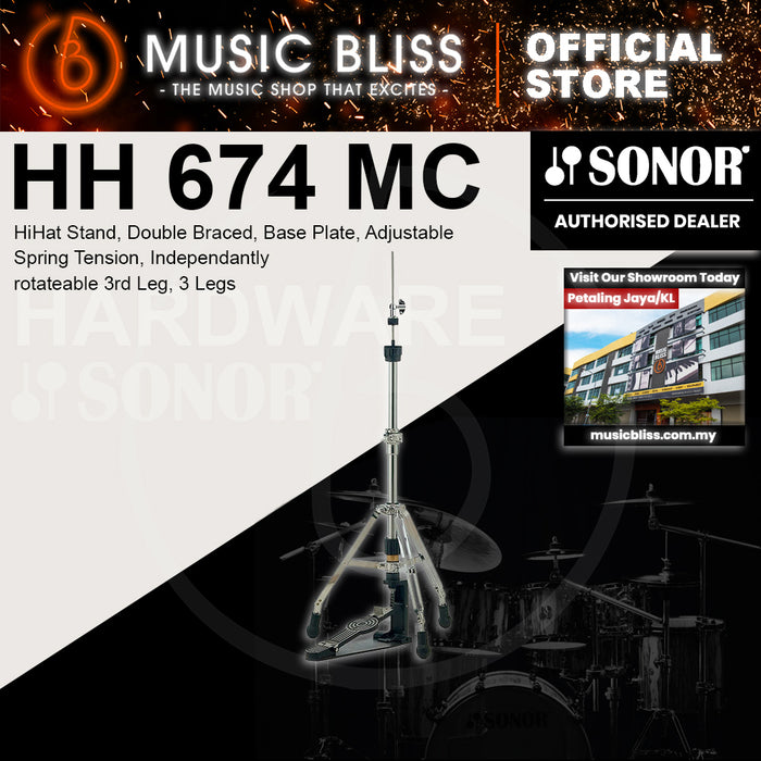 Sonor HH 674 MC HiHat Stand, Double Braced, Base Plate, Adjustable Spring Tension, Independantly rotateable 3rd Leg, 3 Legs