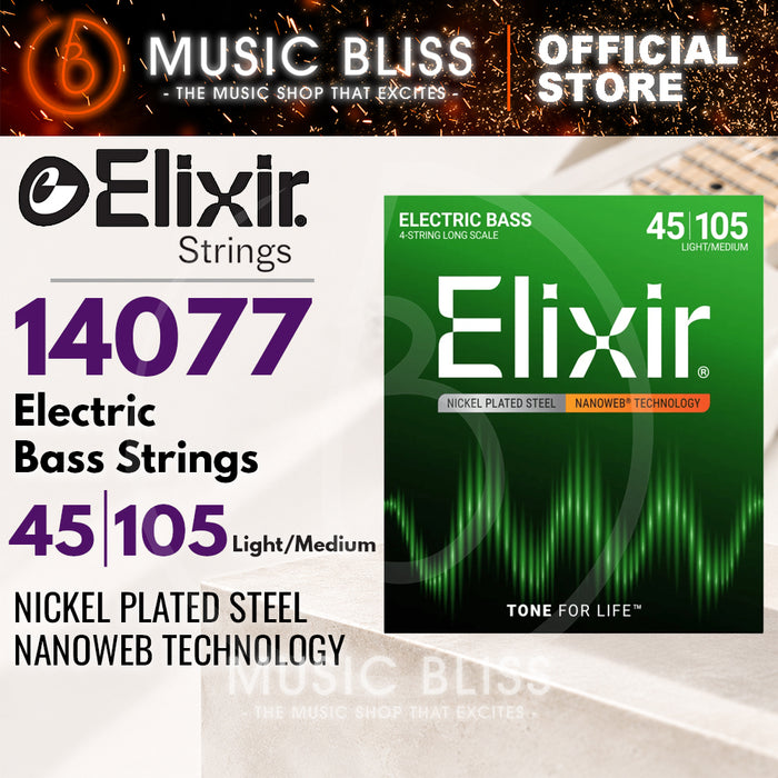 Elixir Strings Nanoweb Light/Medium, Long Scale Electric Bass Strings .045-.105