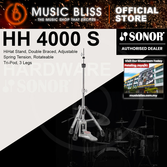 Sonor HH 4000 S HiHat Stand, Double Braced, Adjustable Spring Tension, Rotateable Tri-Pod, 3 Legs