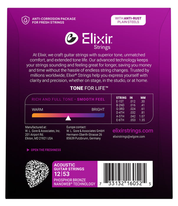Elixir Strings Nanoweb Phosphor Bronze Acoustic Guitar Strings .012-.053 Light