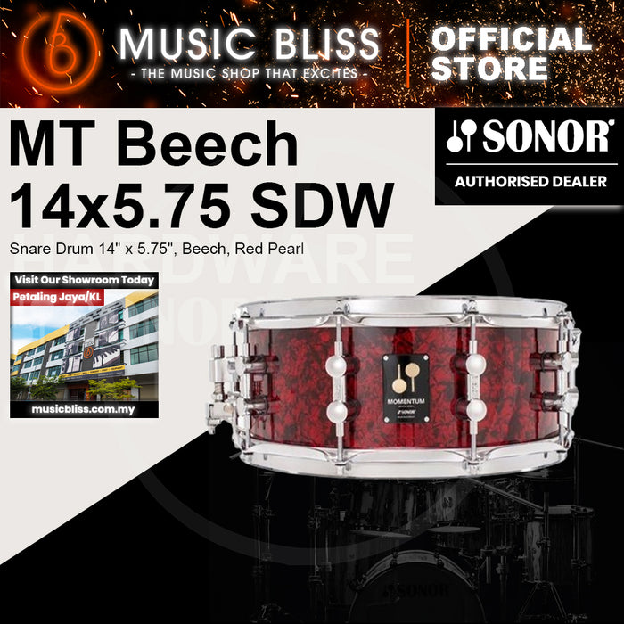 Sonor Momentum Snare Drum 14" x 5.75", Beech, Red Pearl Wrap