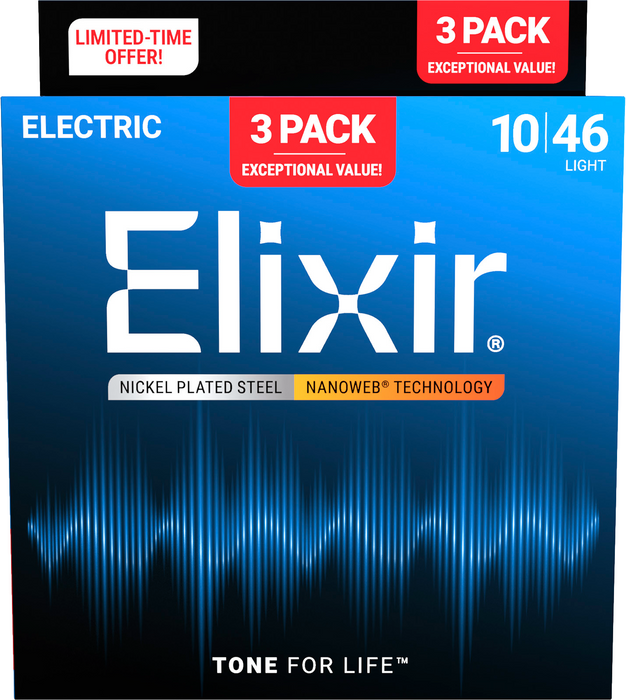 Elixir 16567 Nanoweb 10-46 Nickel-Plated Steel Electric Guitar Strings 3 Pack