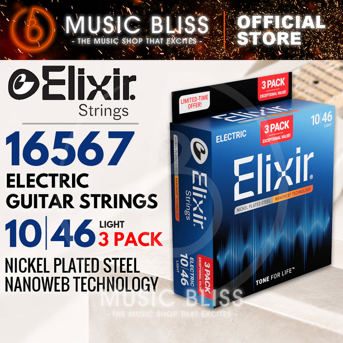 Elixir 16567 Nanoweb 10-46 Nickel-Plated Steel Electric Guitar Strings 3 Pack