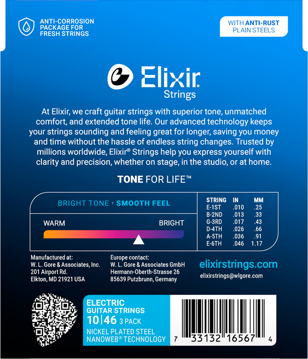 Elixir 16567 Nanoweb 10-46 Nickel-Plated Steel Electric Guitar Strings 3 Pack