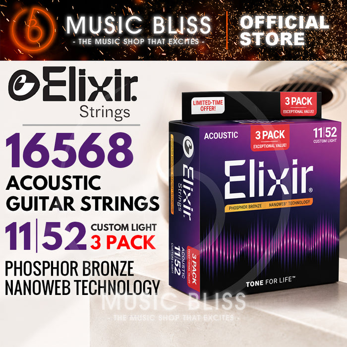 Elixir 16568 Nanoweb Phosphor Bronze 11-52 Acoustic Guitar Strings 3 Pack