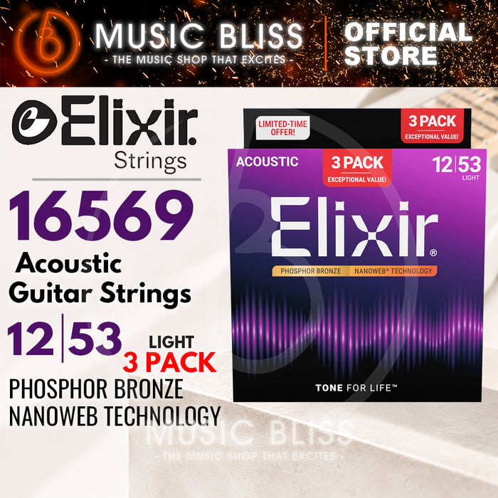 Elixir 16569 Nanoweb Phosphor Bronze 12-53 Acoustic Guitar Strings 3 Pack