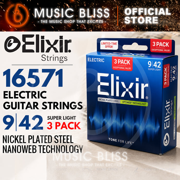 Elixir 16571 Optiweb Electric Guitar Strings, Super Light, 9-42, 3-Pack