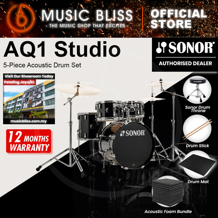 Sonor AQ1 Studio 5-Piece Acoustic Drum Set with Hardware - 20 Inch Bass Drum - Piano Black