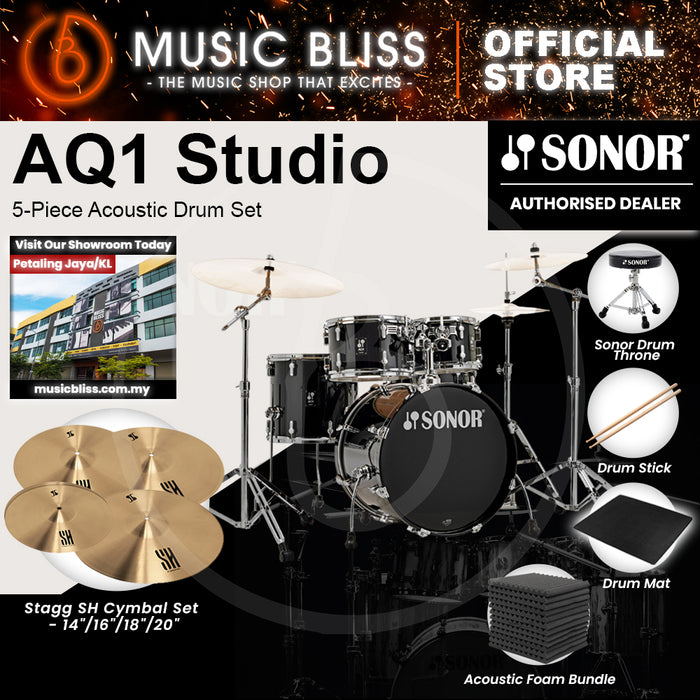 Sonor AQ1 Studio 5-Piece Acoustic Drum Set with Hardware - 20 Inch Bass Drum - Piano Black