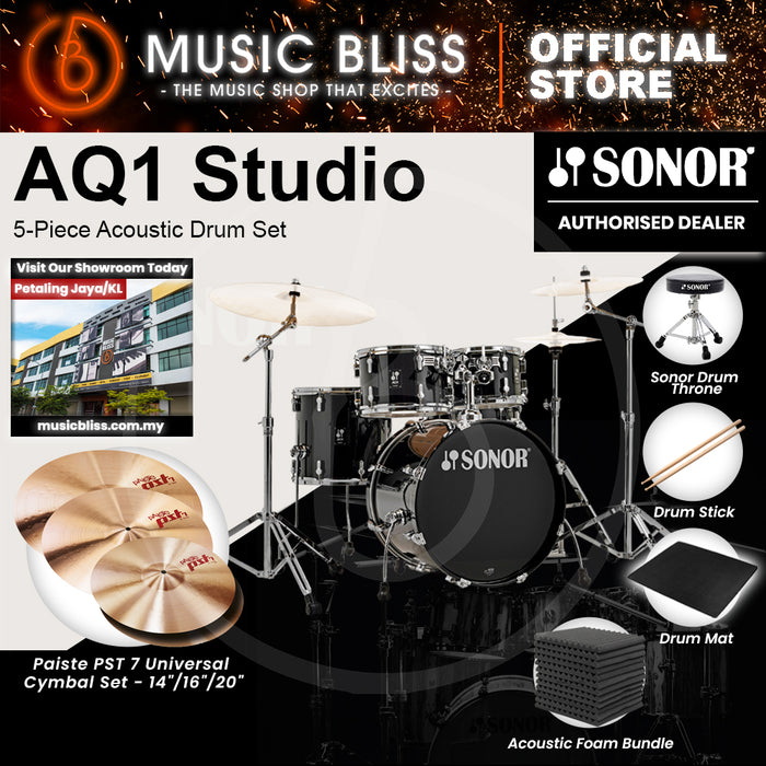 Sonor AQ1 Studio 5-Piece Acoustic Drum Set with Hardware - 20 Inch Bass Drum - Piano Black
