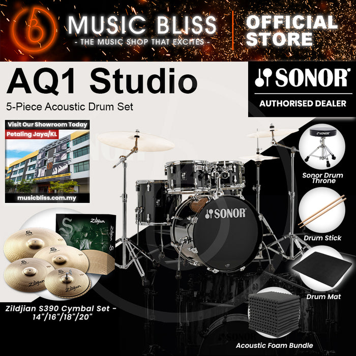 Sonor AQ1 Studio 5-Piece Acoustic Drum Set with Hardware - 20 Inch Bass Drum - Piano Black