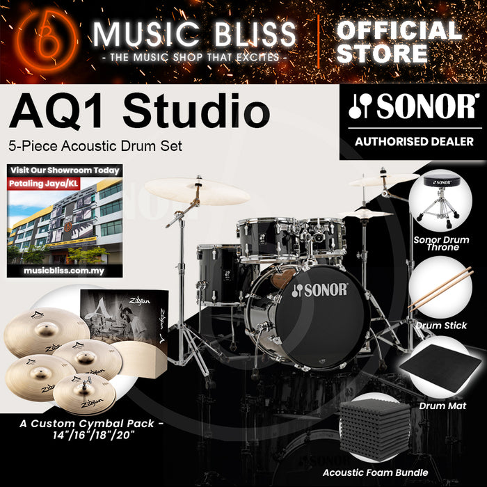 Sonor AQ1 Studio 5-Piece Acoustic Drum Set with Hardware - 20 Inch Bass Drum - Piano Black