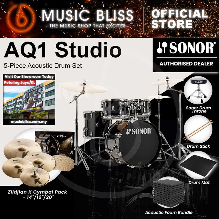 Sonor AQ1 Studio 5-Piece Acoustic Drum Set with Hardware - 20 Inch Bass Drum - Piano Black