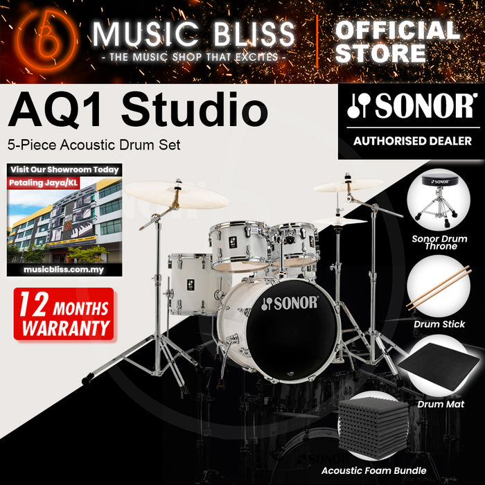 Sonor AQ1 Studio 5-Piece Acoustic Drum Set with Hardware - 20 Inch Bass Drum - Piano White