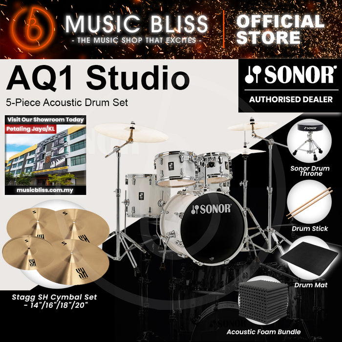 Sonor AQ1 Studio 5-Piece Acoustic Drum Set with Hardware - 20 Inch Bass Drum - Piano White