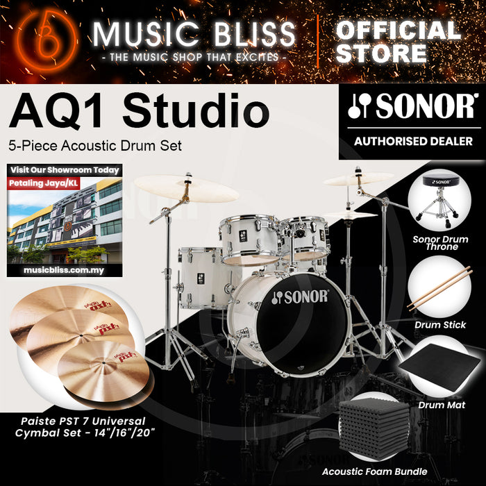 Sonor AQ1 Studio 5-Piece Acoustic Drum Set with Hardware - 20 Inch Bass Drum - Piano White