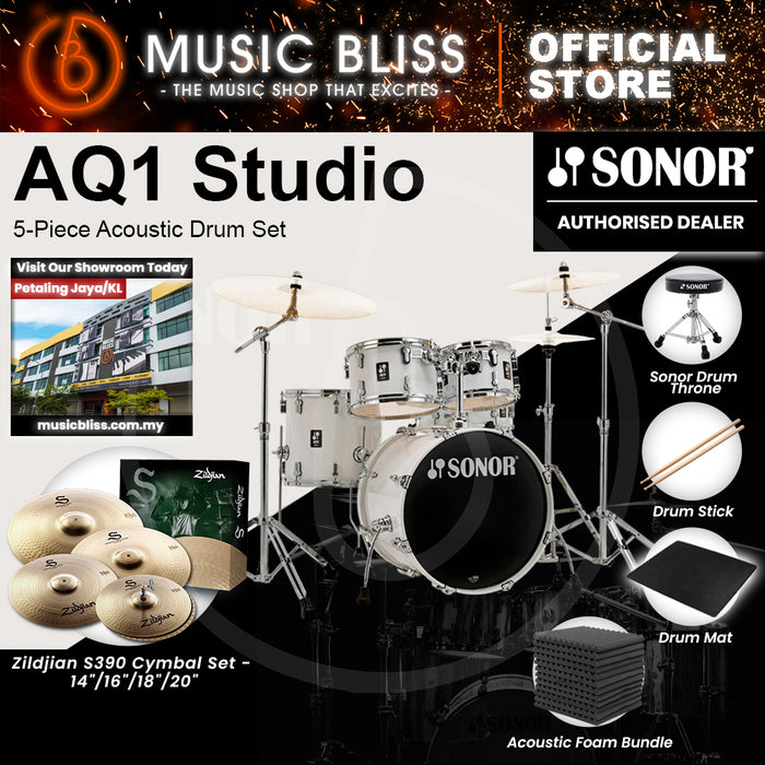 Sonor AQ1 Studio 5-Piece Acoustic Drum Set with Hardware - 20 Inch Bass Drum - Piano White
