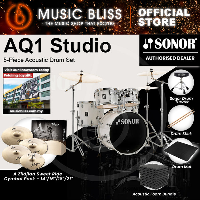 Sonor AQ1 Studio 5-Piece Acoustic Drum Set with Hardware - 20 Inch Bass Drum - Piano White