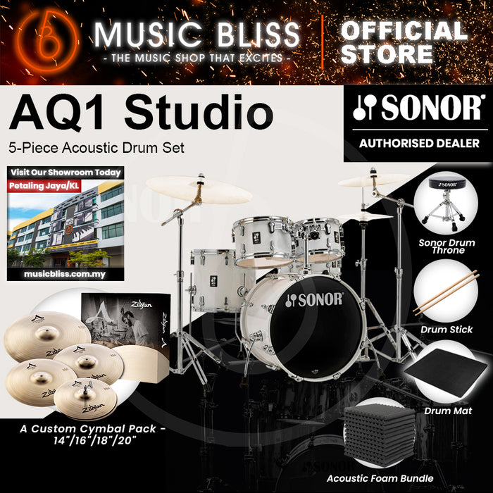 Sonor AQ1 Studio 5-Piece Acoustic Drum Set with Hardware - 20 Inch Bass Drum - Piano White