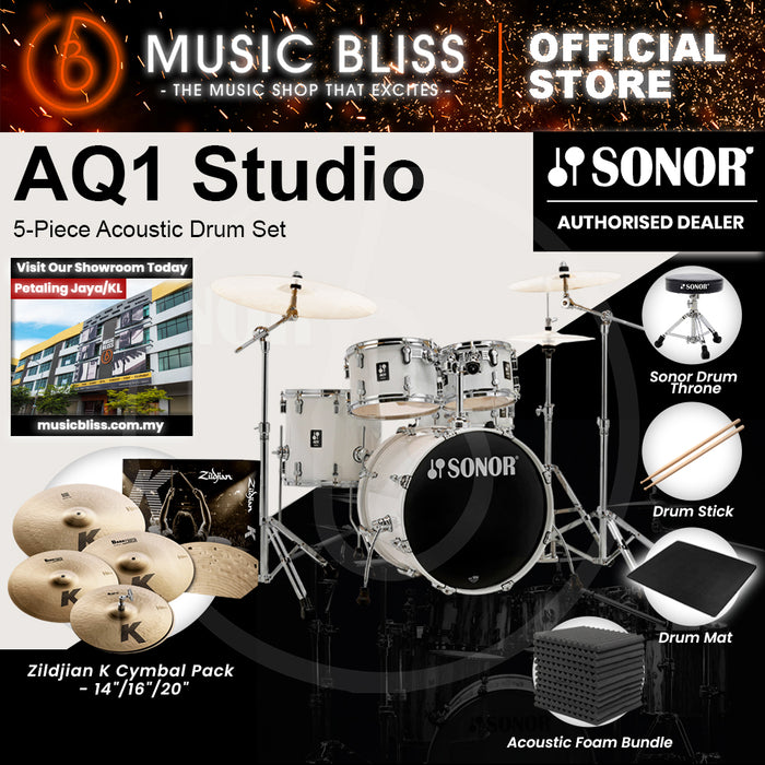 Sonor AQ1 Studio 5-Piece Acoustic Drum Set with Hardware - 20 Inch Bass Drum - Piano White