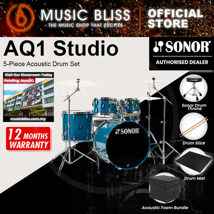 Sonor AQ1 Studio 5-Piece Acoustic Drum Set with Hardware - 20 Inch Bass Drum - Caribbean Blue