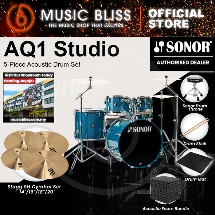 Sonor AQ1 Studio 5-Piece Acoustic Drum Set with Hardware - 20 Inch Bass Drum - Caribbean Blue