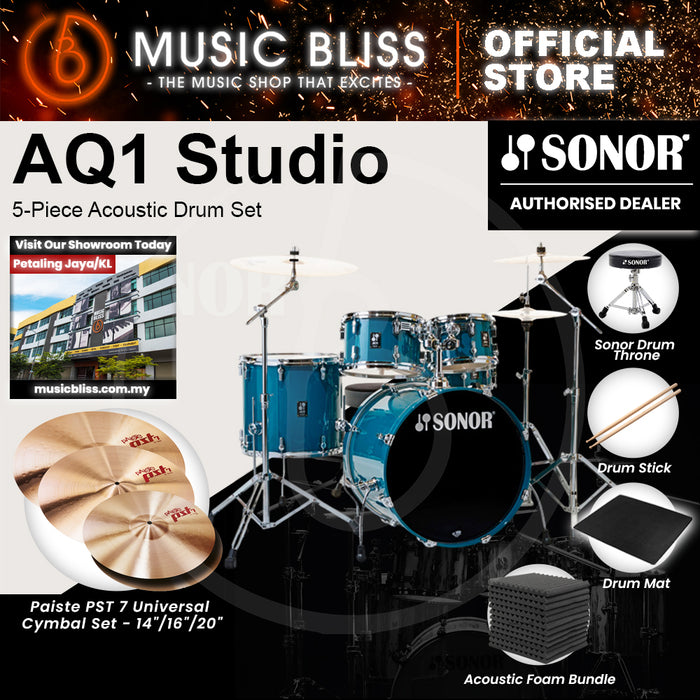 Sonor AQ1 Studio 5-Piece Acoustic Drum Set with Hardware - 20 Inch Bass Drum - Caribbean Blue