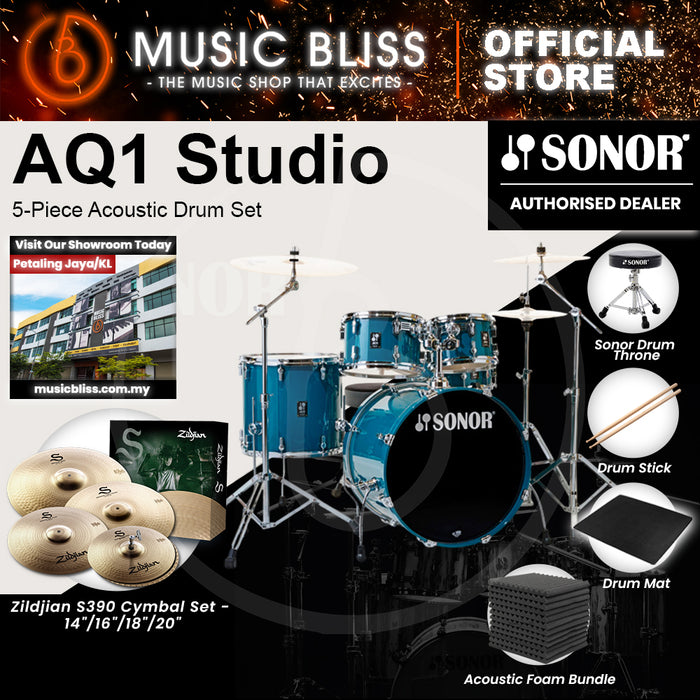 Sonor AQ1 Studio 5-Piece Acoustic Drum Set with Hardware - 20 Inch Bass Drum - Caribbean Blue
