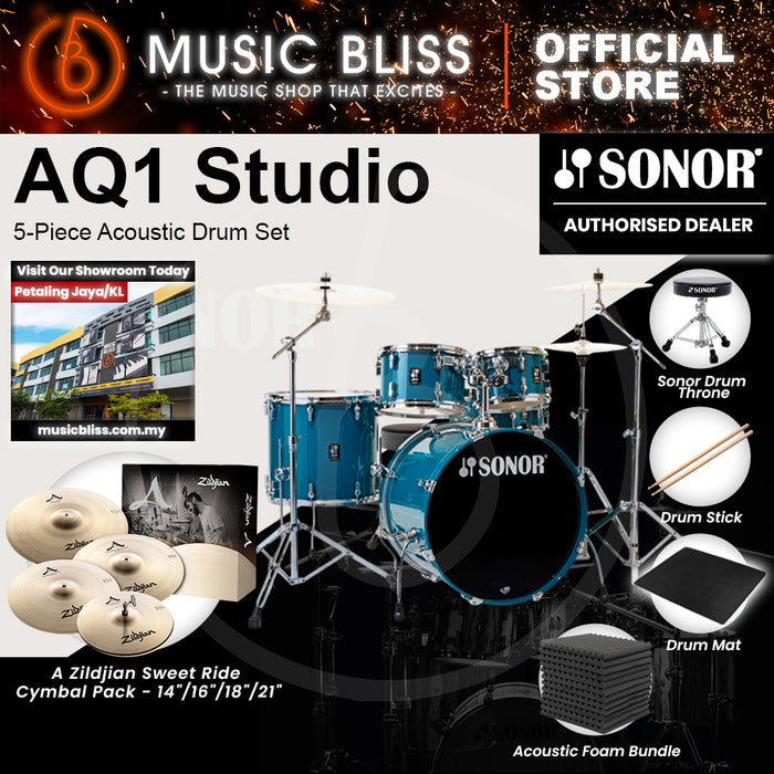 Sonor AQ1 Studio 5-Piece Acoustic Drum Set with Hardware - 20 Inch Bass Drum - Caribbean Blue