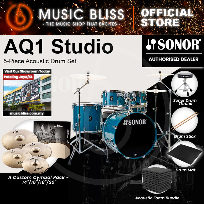 Sonor AQ1 Studio 5-Piece Acoustic Drum Set with Hardware - 20 Inch Bass Drum - Caribbean Blue
