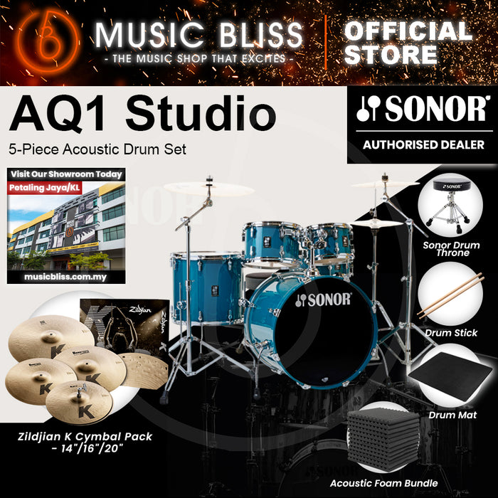 Sonor AQ1 Studio 5-Piece Acoustic Drum Set with Hardware - 20 Inch Bass Drum - Caribbean Blue
