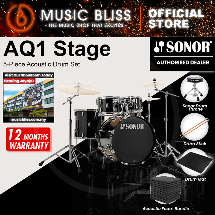 Sonor AQ1 Stage 5-Piece Acoustic Drum Set with Hardware - 22 Inch Bass Drum - Piano Black