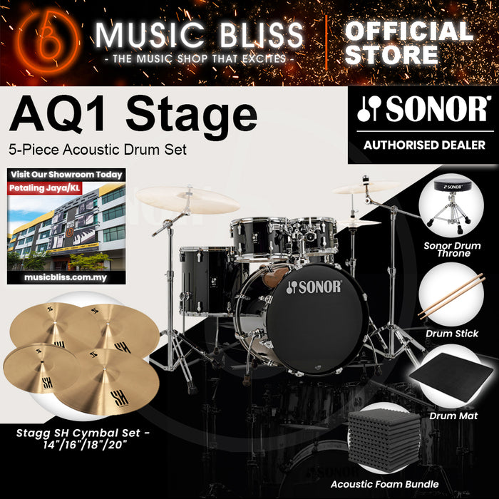 Sonor AQ1 Stage 5-Piece Acoustic Drum Set with Hardware - 22 Inch Bass Drum - Piano Black