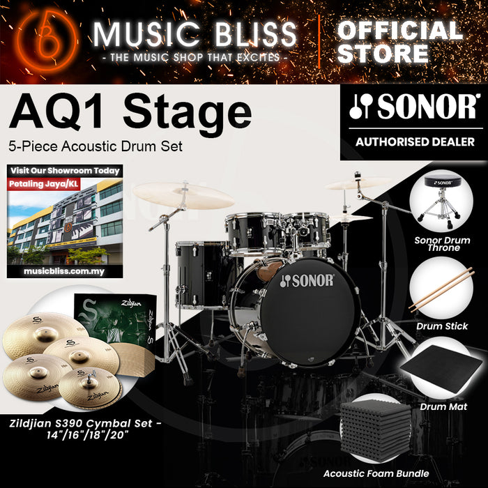 Sonor AQ1 Stage 5-Piece Acoustic Drum Set with Hardware - 22 Inch Bass Drum - Piano Black