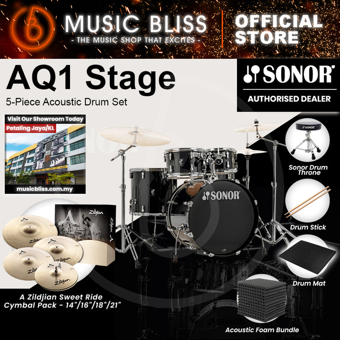 Sonor AQ1 Stage 5-Piece Acoustic Drum Set with Hardware - 22 Inch Bass Drum - Piano Black