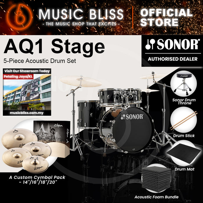 Sonor AQ1 Stage 5-Piece Acoustic Drum Set with Hardware - 22 Inch Bass Drum - Piano Black