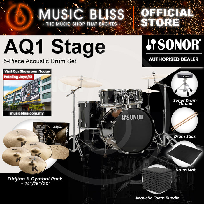 Sonor AQ1 Stage 5-Piece Acoustic Drum Set with Hardware - 22 Inch Bass Drum - Piano Black